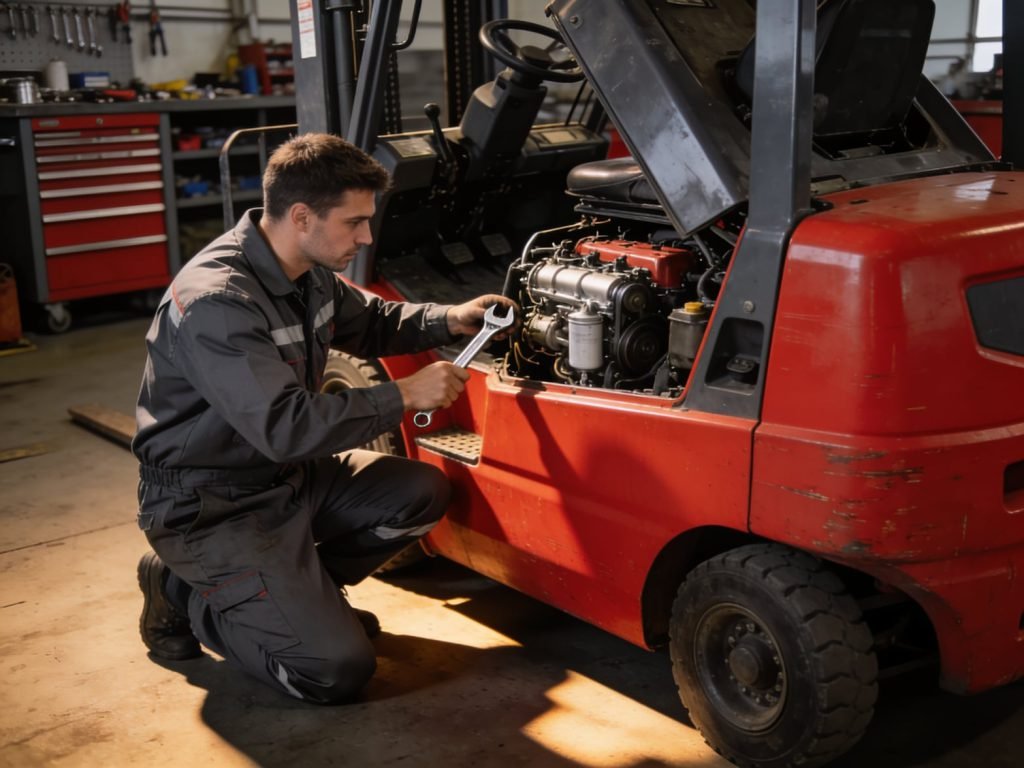 Técnico realizando manutenção em empilhadeira